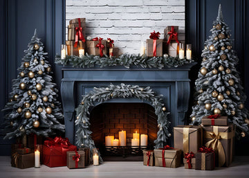 Avezano Christmas Blue Fireplace Photography Backdrop