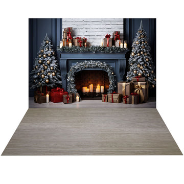 Avezano Blue Christmas Tree and Fireplace 2 pcs Set Backdrop