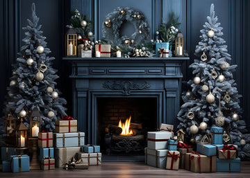 Avezano Christmas Blue Decorate and Fireplace Photography Backdrop