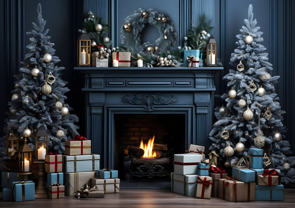 Avezano Christmas Fireplace Interior 2 pcs Set Backdrop holiday gift