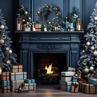 Avezano Christmas Blue Fireplace 2 pcs Set Backdrop