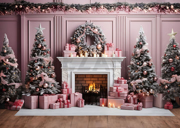 Avezano Christmas Pink Wall and Fireplace Photography Backdrop