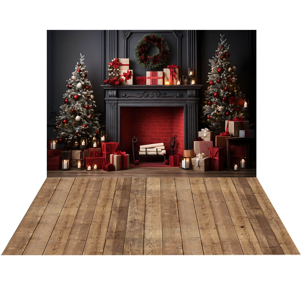 Avezano Christmas Fireplace Interior 2 pcs Set Backdrop holiday gift