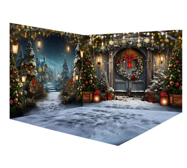 Avezano Christmas Tree Decorations and Snow Photography Backdrop Room Set