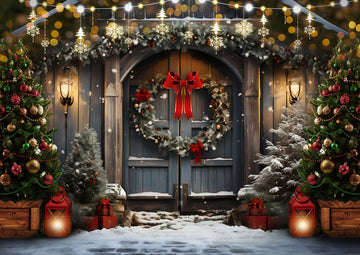 Avezano Lights and Christmas Wooden Doors Photography Backdrop