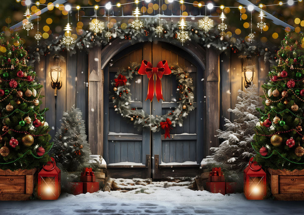 Avezano Christmas Cottage Wreaths and Bows 2 pcs Set Backdrop