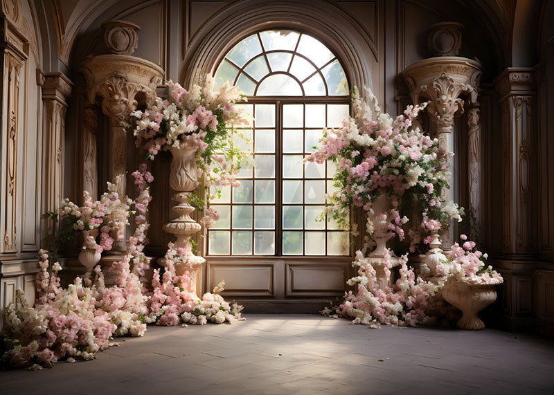 Avezano Pink Flowers and Glass Doors and Windows Photography Backdrop