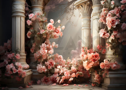 Avezano Spring Retro Architecture Pink Flowers Photography Backdrop