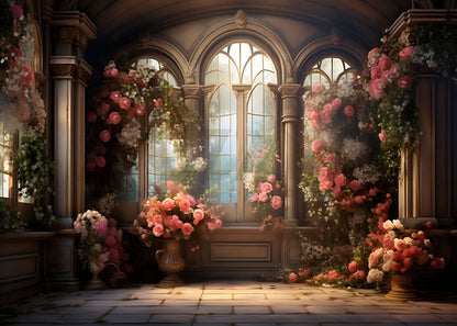 Avezano Spring Architecture Window Pink Flowers Photography Backdrop
