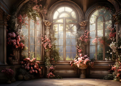 Avezano Spring Living Room Fenêtre Fleurs roses Photographie Toile de fond