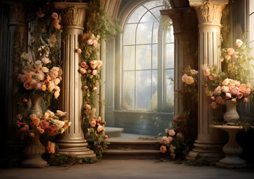 Avezano Retro Architecture Fleurs roses Ensemble de 2 toiles de fond