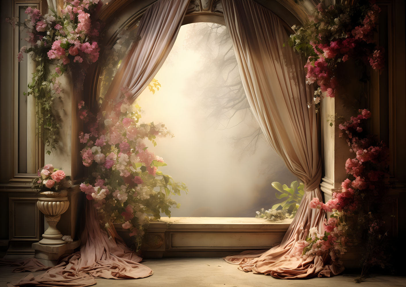 Toile de fond pour photographie de fleurs en pot et de portes printanières d'Avezano