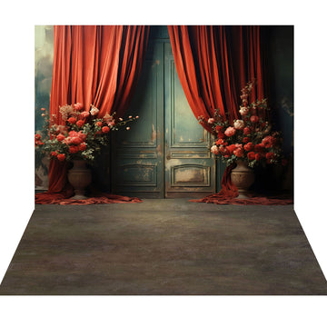 Avezano Red curtains and Green Wooden Doors 2 pcs Set Backdrop