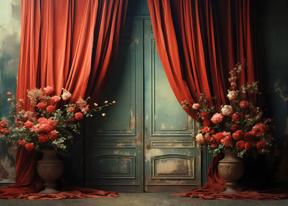 Avezano Spring Red Curtains Old Wooden Doors and Flowers Photography Backdrop