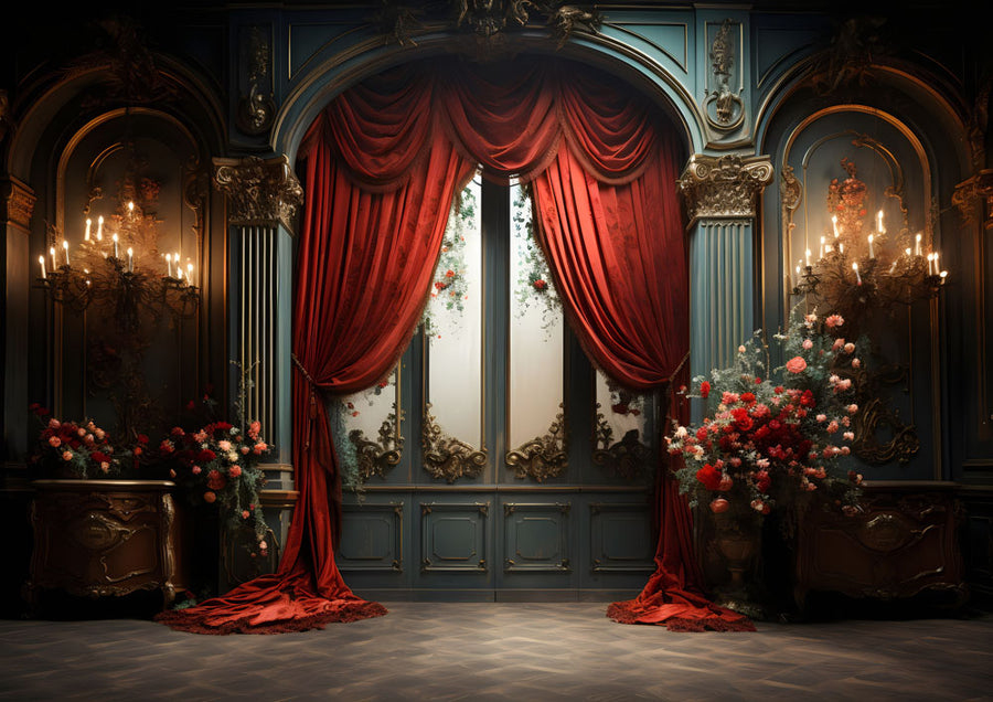 Avezano Red curtains and Flower Doors 2 pcs Set Backdrop