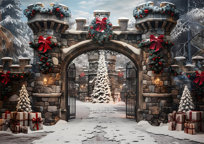 Toile de fond pour photographie de la cour en pierre d'Avezano et de l'arbre de Noël 