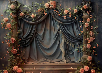 Avezano Grey Curtains and Flowers in Spring Photography Backdrop