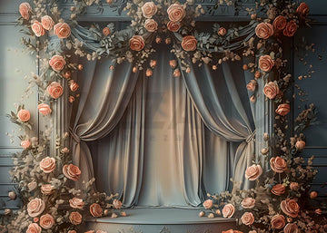 Avezano Pink Roses and Curtains Spring Photography Backdrop