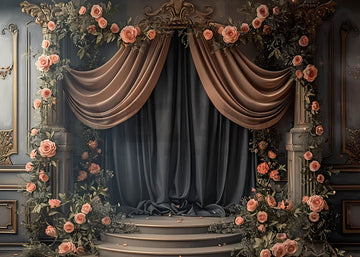 Avezano Pink Flower and Curtains Spring Photography Backdrop