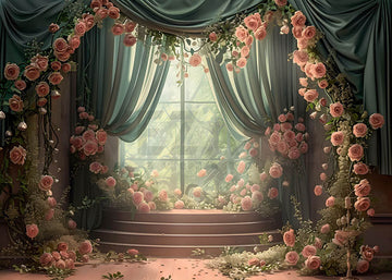 Avezano Green Curtains and Pink Rose Spring Photography Backdrop