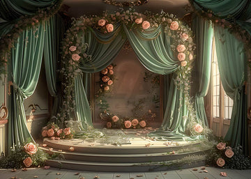 Avezano Green Curtains and Rose Room Spring Photography Backdrop