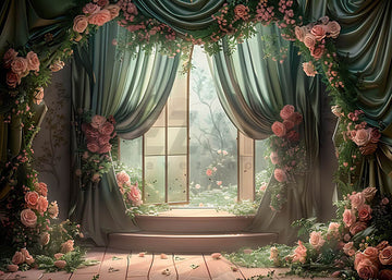 Avezano Green Curtain Door and Window Room Spring Photography Backdrop