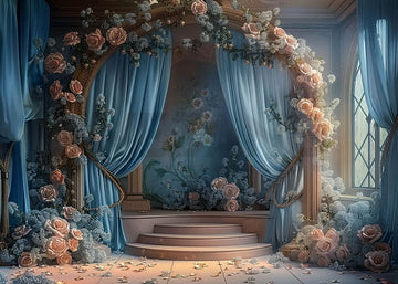 Avezano Spring Flowers and Blue Curtains Photography Backdrop