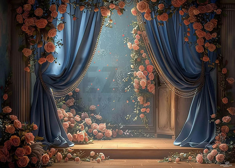 Avezano Spring Pink Rose and Blue Curtains Photography Backdrop