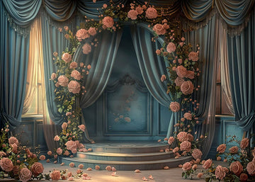 Avezano Spring Flower Arch and Blue Curtains Photography Backdrop