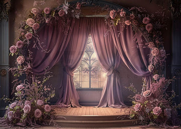 Avezano Spring Purple Curtains and Flowers Photography Backdrop