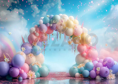 Avezano - Fond de photographie de gâteau d'arche de ballons colorés
