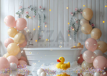 Avezano Baby bathroom balloons and little yellow Ducks Cake Smash Photography Background