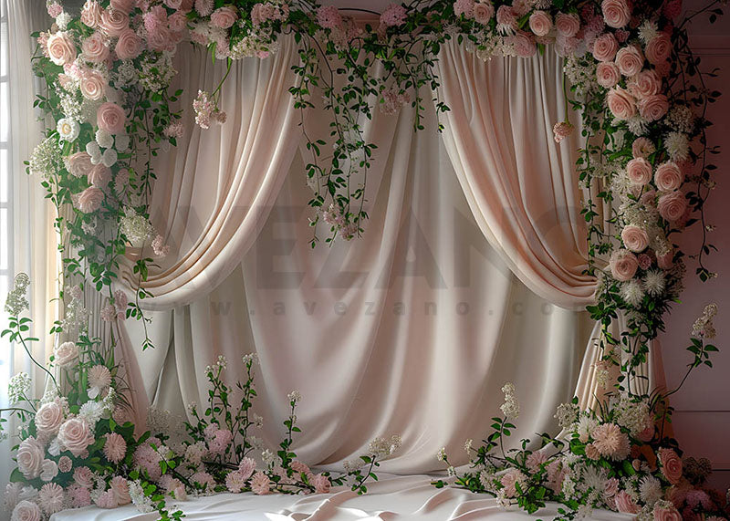 Avezano Spring White Curtains and Pink Rose Wedding Photography Backdrop