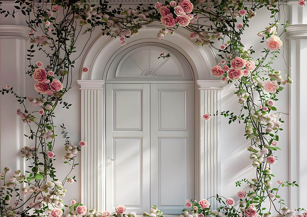 Avezano Spring White Walls and Pink Flowers Photography Backdrop Room Set