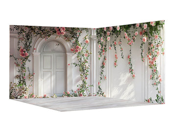 Avezano Spring White Walls and Pink Flowers Photography Backdrop Room Set