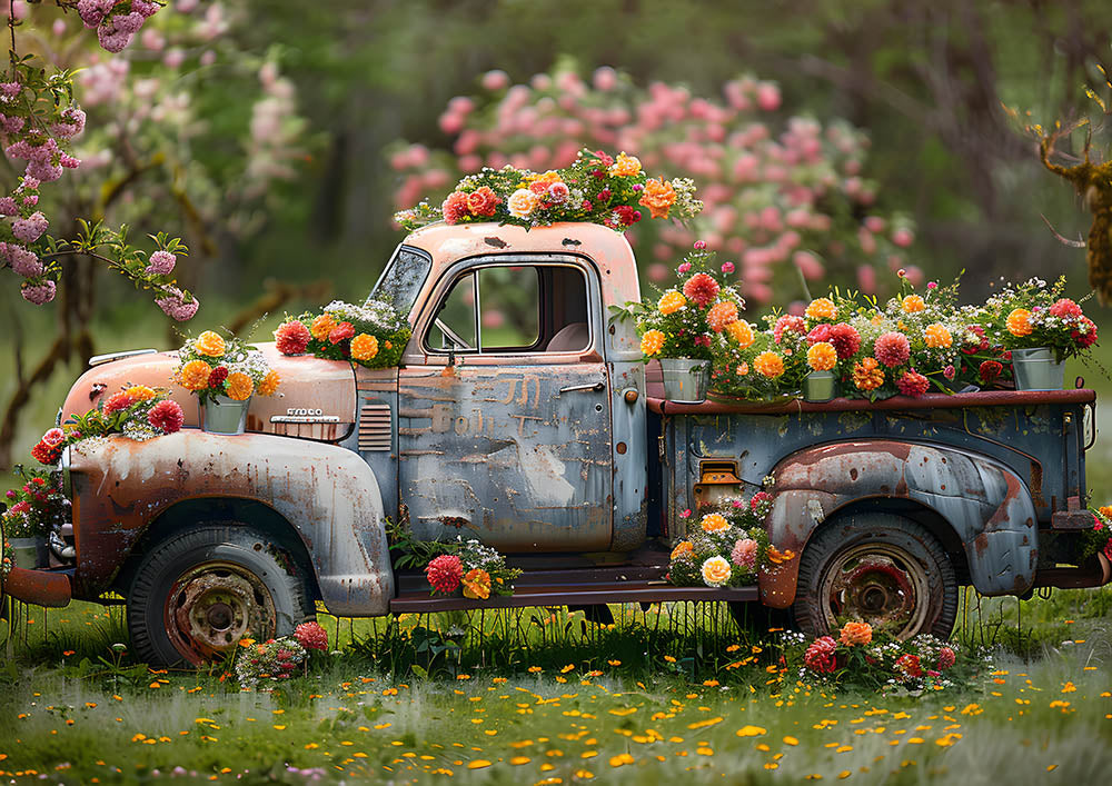 Toile de fond pour photographie de vieux camions et de fleurs au printemps d'Avezano