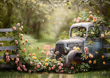Avezano Spring Old Truck Among the Flowers Photography Backdrop