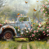 Avezano Spring Garden Paths and Old Cars Photography Backdrop Room Set