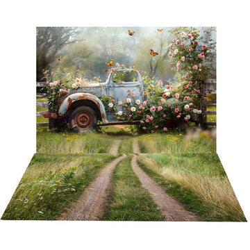 Avezano Spring Dilapidated Truck and Flowers Butterflies 2 pcs Set Backdrop