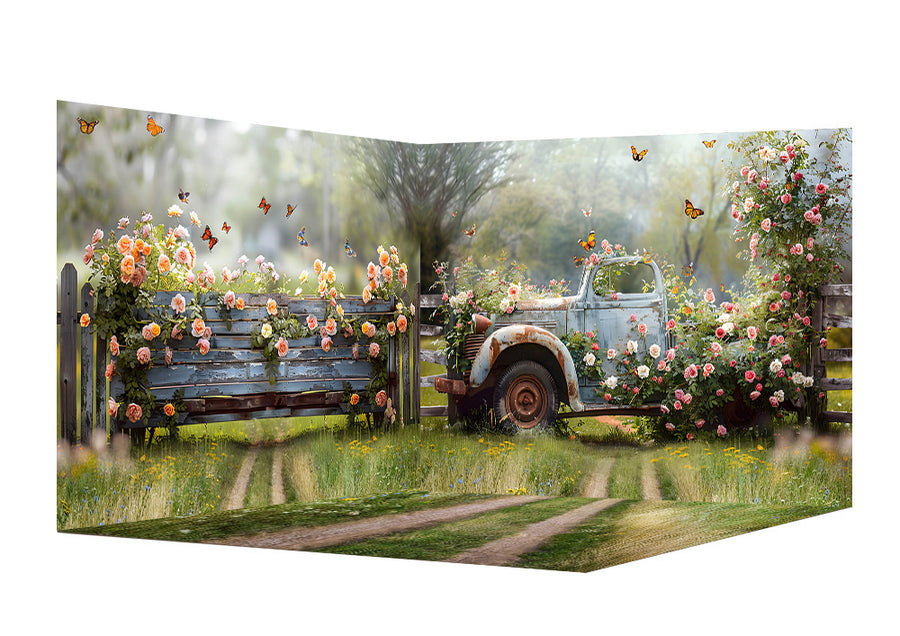 Avezano Spring Garden Paths and Old Cars Photography Backdrop Room Set