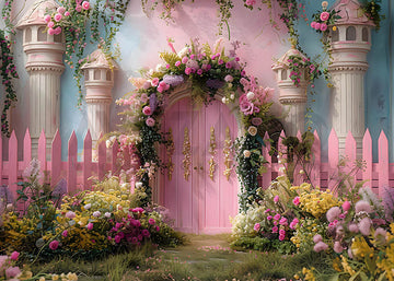 Avezano Spring Pink Doors and Railings and Roses Photography Backdrop