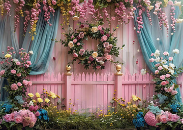 Avezano Spring Rose Wreaths and Pink Railings Photography Backdrop