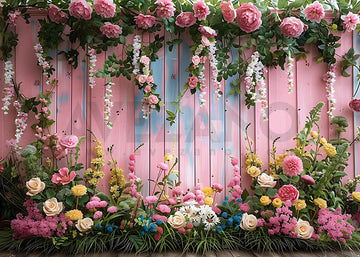 Avezano Spring Pink Wood-Paneled Walls and Flowers Photography Backdrop