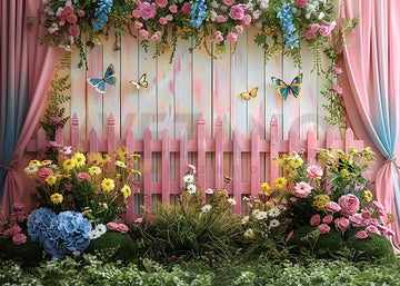 Avezano Spring Pink Railing and Butterfly Flowers Photography Backdrop