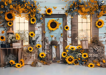 Avezano Spring  Sunflower Old Wooden House Decoration Photography Backdrop