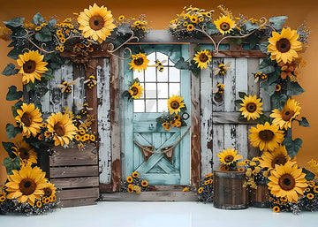 Avezano Spring Sunflower and Blue Wooden Doors Photography Backdrop