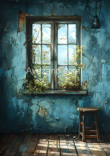 Avezano Blue Shabby Walls and Windows Photography Backdrop