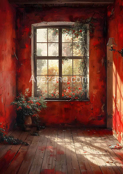 Mur rouge et fenêtre d'Avezano avec toile de fond de photographie de fleurs