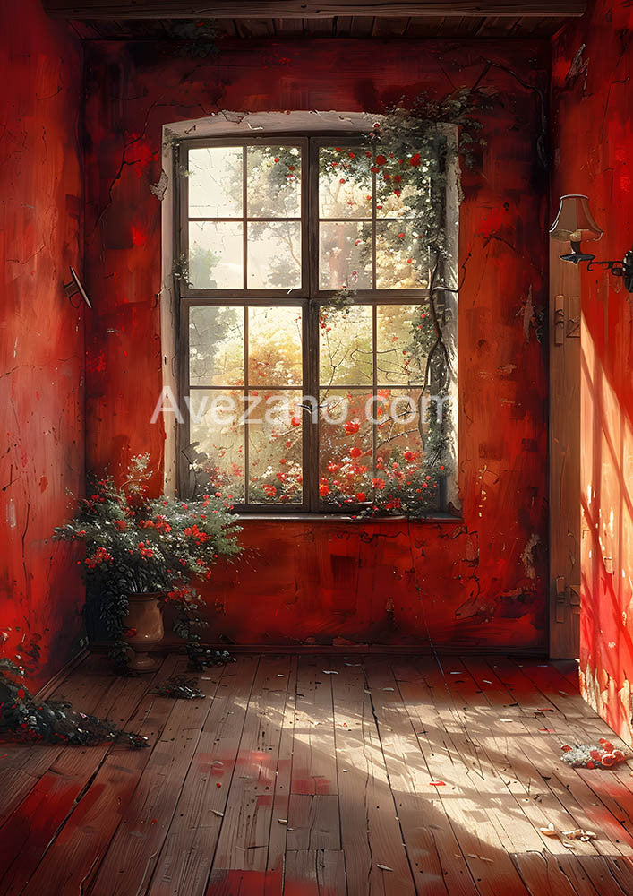 Avezano Red Wall and Window with Flowers Photography Backdrop
