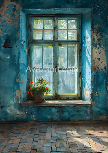 Avezano Blue Wall and Windowsill with Flowers Photography Backdrop